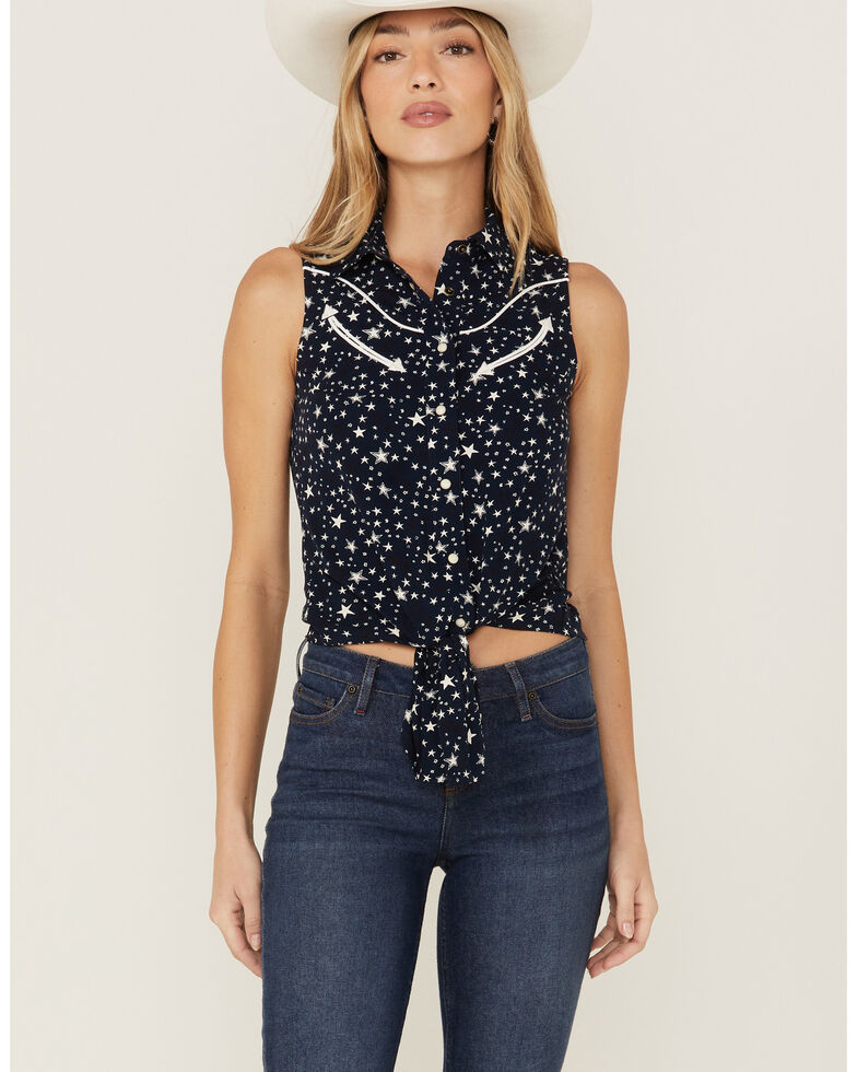 Idyllwind Women's Star Western Tie Top, Navy, hi-res