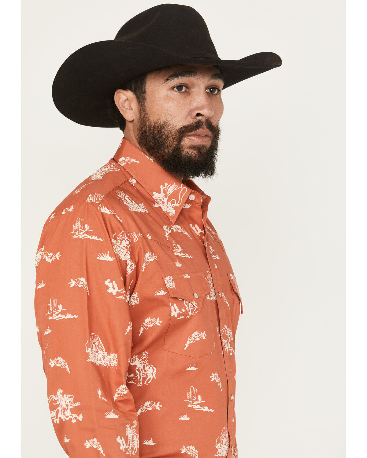 Image #2 - Ely Walker Men's Horse Print Long Sleeve Snap Western Shirt, Dark Orange, hi-res