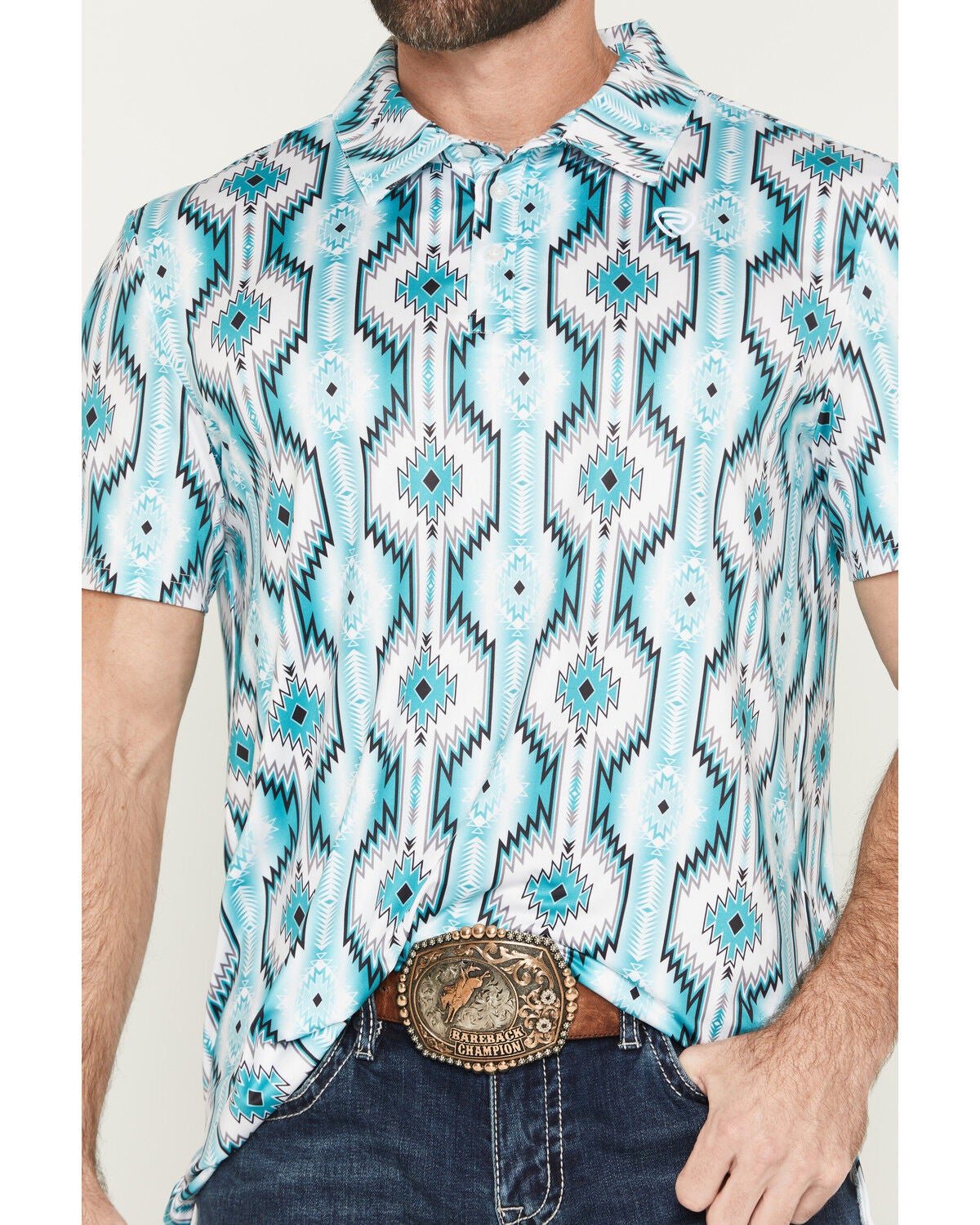 Image #3 - Rock & Roll Denim Men's Dale Brisby Southwestern Print Short Sleeve Button-Down Polo, Turquoise, hi-res