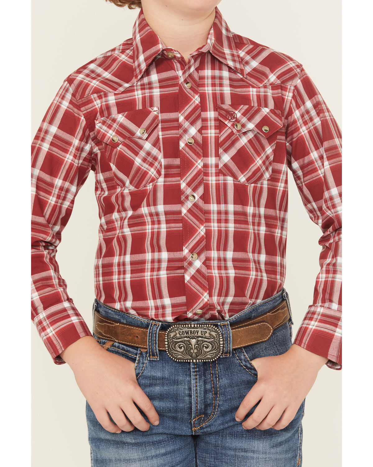 Image #3 - Wrangler Retro Boys' Plaid Print Long Sleeve Snap Western Shirt, Red, hi-res