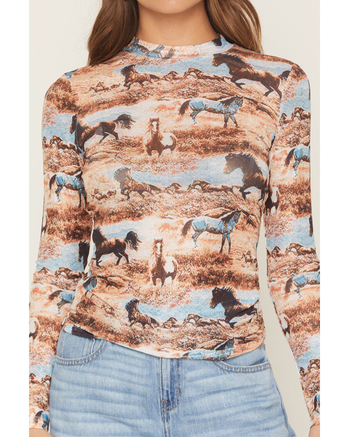 Image #3 - Blue B Women's Horse Print Mesh Long Sleeve Shirt, Multi, hi-res