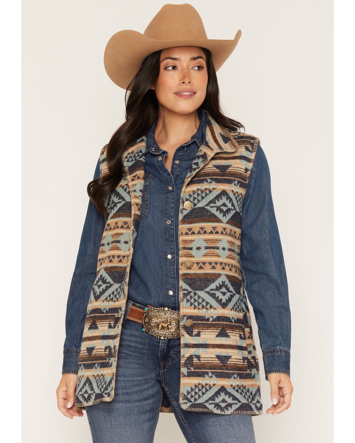 Image #1 - Outback Trading Co Women's Southwestern Whipstitch Button-Down Vest, Multi, hi-res