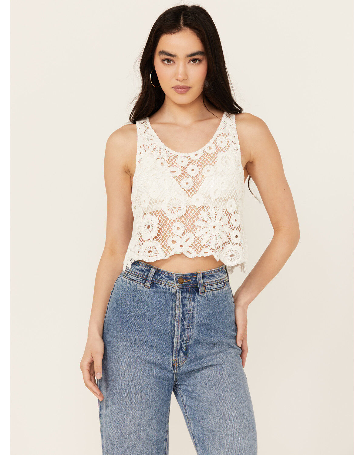 Image #1 - New In Women's Floral Lace Sleeveless Tank, White, hi-res