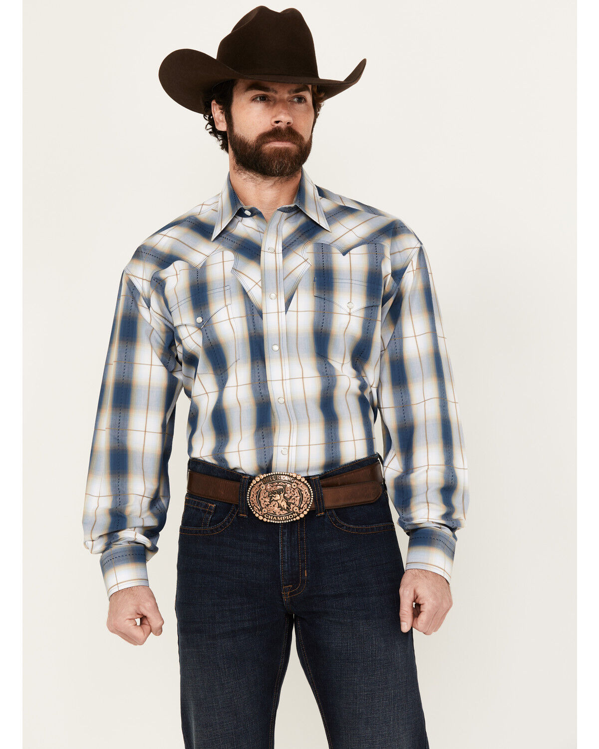 Image #1 - Stetson Men's Plaid Print Long Sleeve Pearl Snap Western Shirt, Blue, hi-res