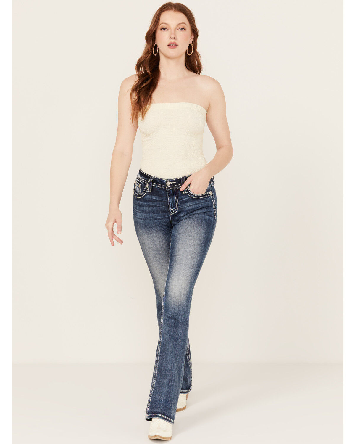 Image #3 - Miss Me Women's Dark Wash Braided Pocket Bootcut Stretch Denim Jeans, Dark Wash, hi-res