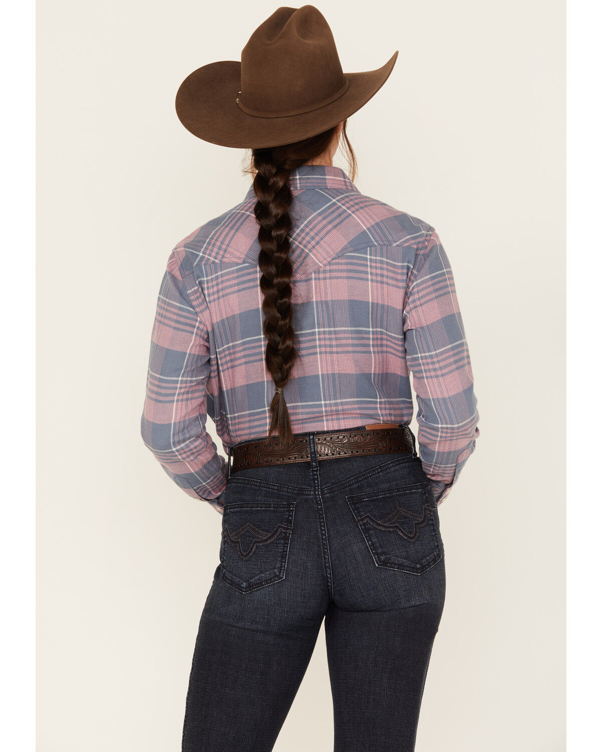 Image #4 - Wrangler Women's Boot Barn Exclusive Plaid Print Long Sleeve Western Flannel Pearl Snap Shirt, Blue, hi-res