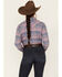 Image #4 - Wrangler Women's Boot Barn Exclusive Plaid Print Long Sleeve Western Flannel Pearl Snap Shirt, Blue, hi-res