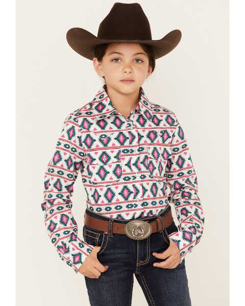 Shyanne Girls' Southwestern Print Long Sleeve Western Button-Down Shirt, Ivory, hi-res