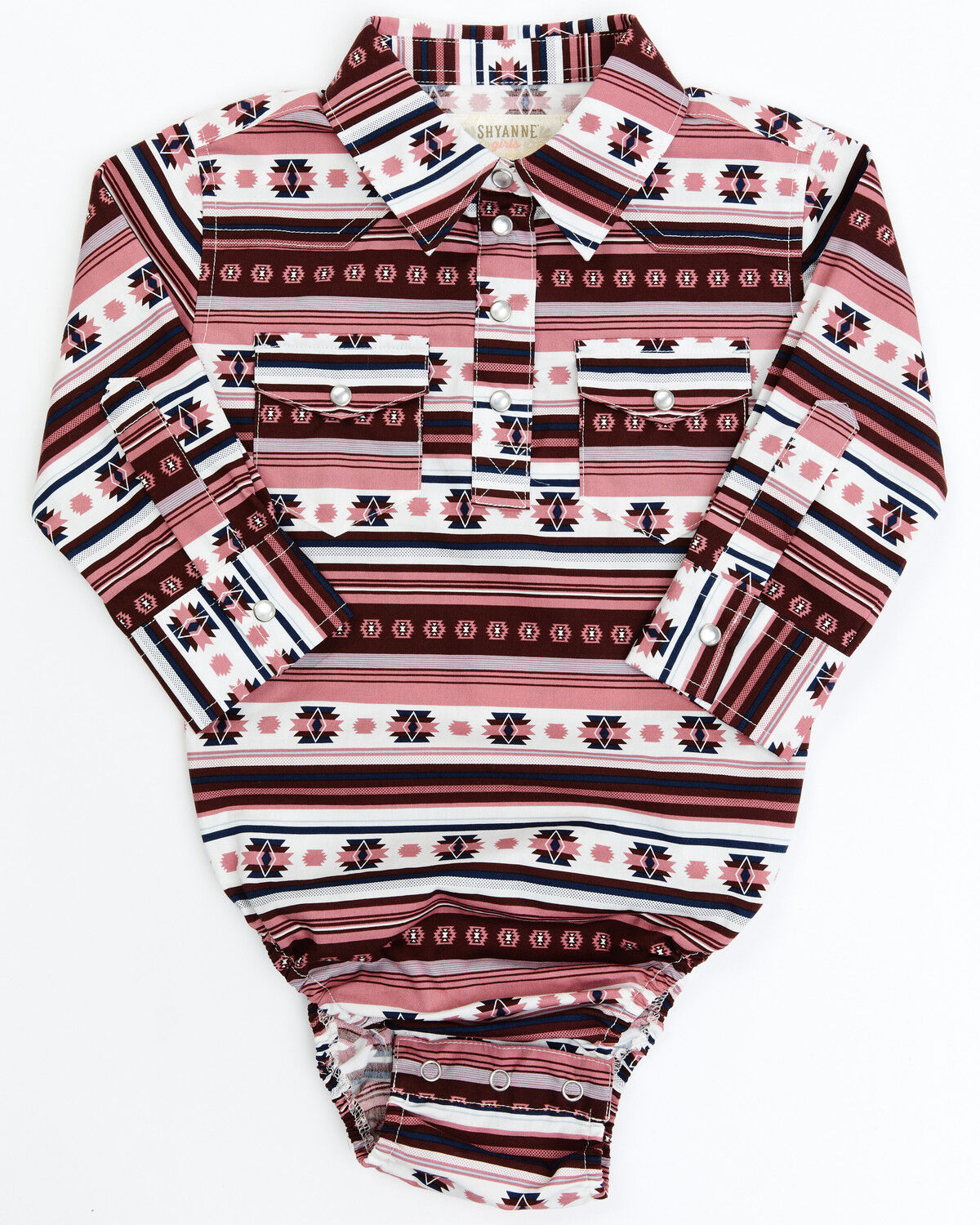 Image #1 - Shyanne Infant Girls' Southwestern Printed Stripe Long Sleeve Onesie, Burgundy, hi-res