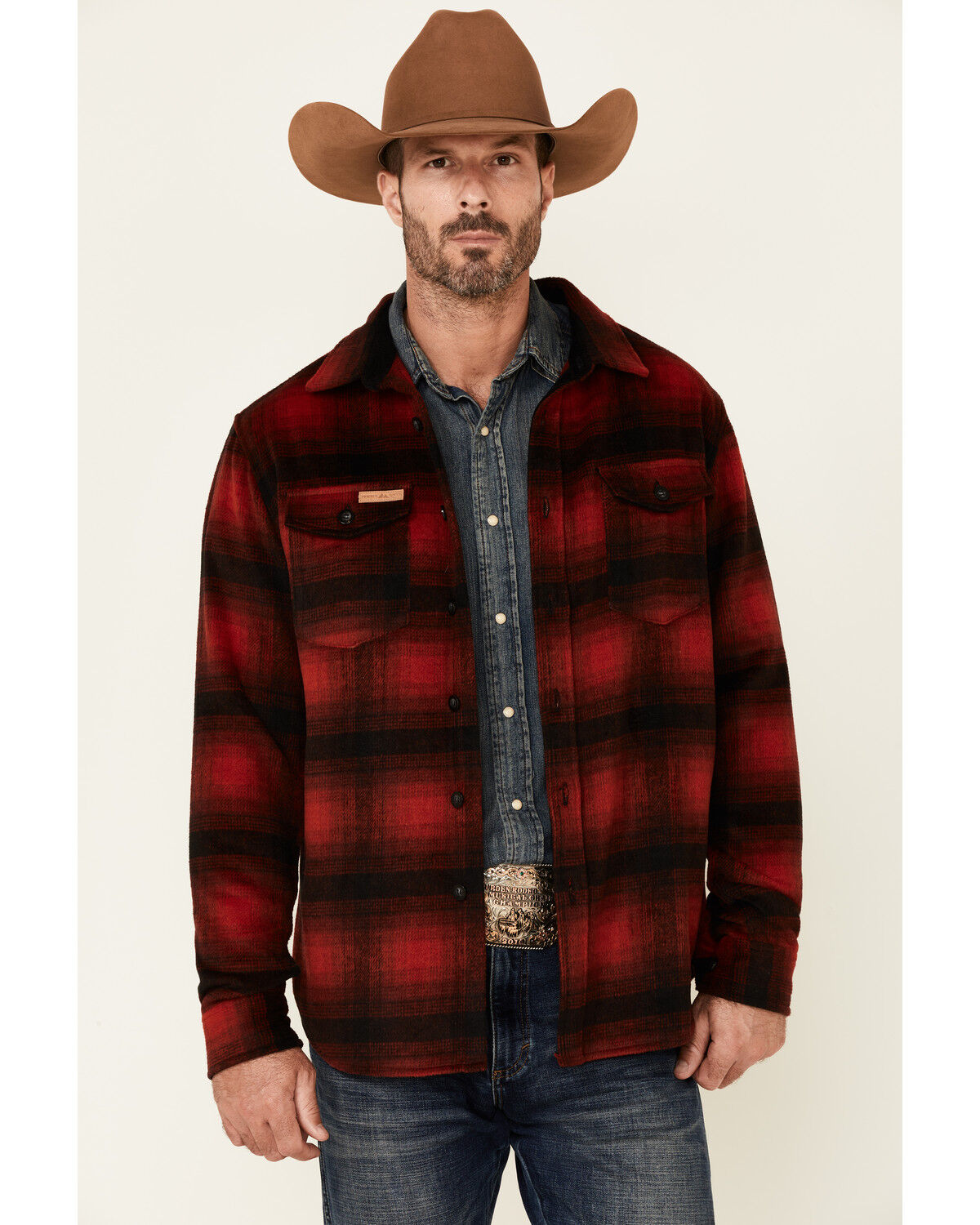 Image #1 - Powder River Outfitters Men's Red Ombre Plaid Wool Button-Front Shirt Jacket, Black/red, hi-res