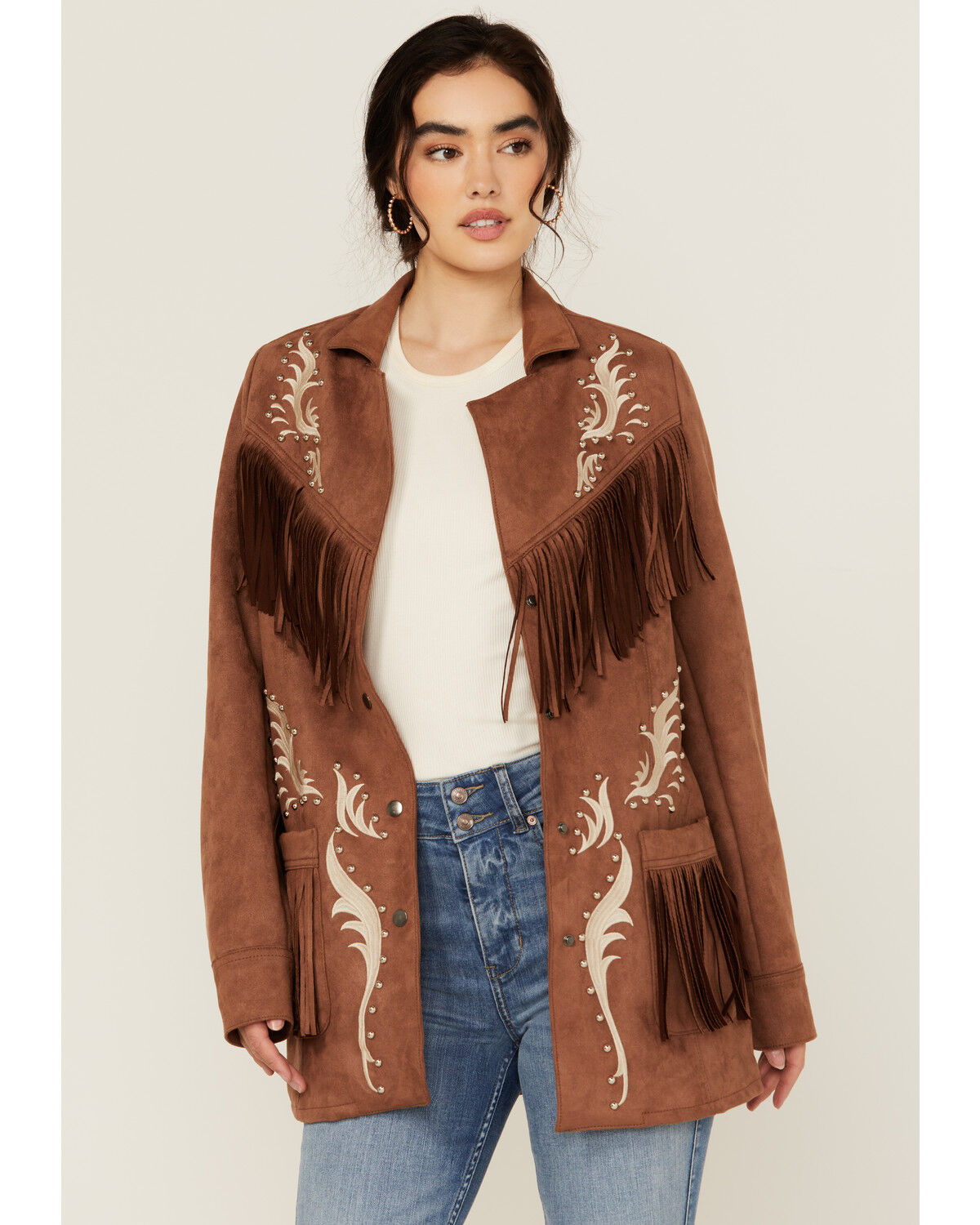 Image #1 - Rock & Rock Denim Women's Suede Fringe Jacket, Brown, hi-res