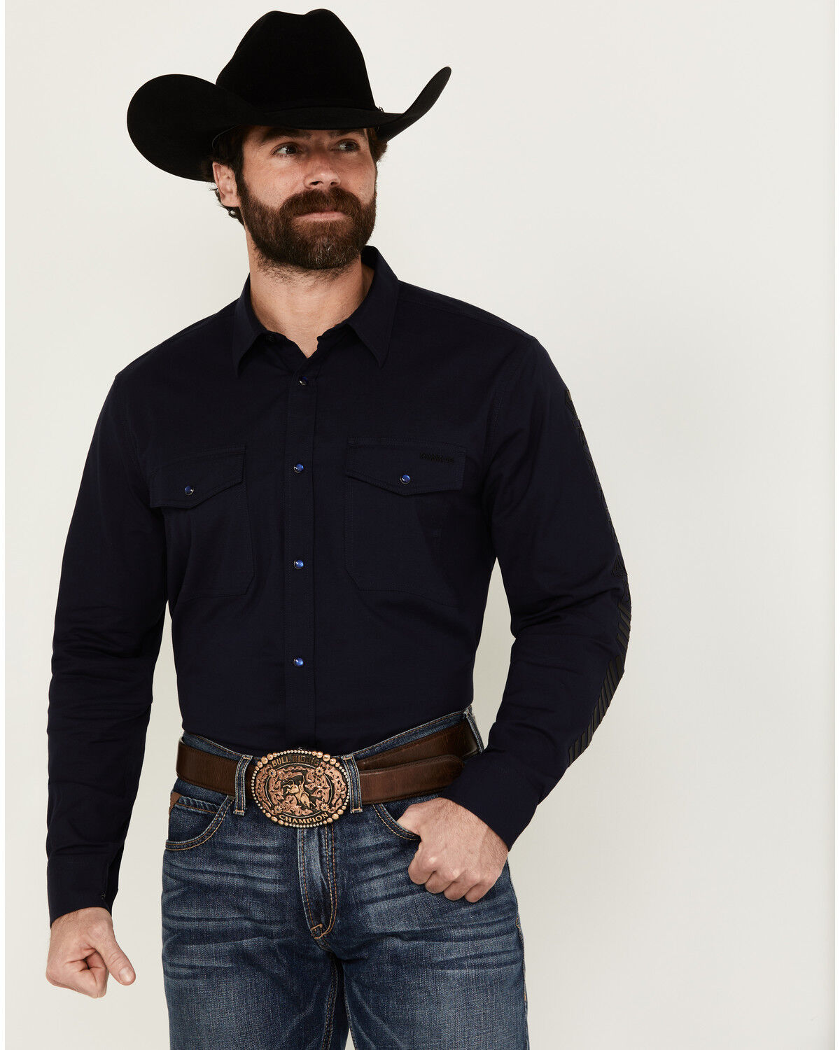 Image #1 - RANK 45® Men's Southwest Action Long Sleeve Snap Performance Western Shirt, Dark Blue, hi-res
