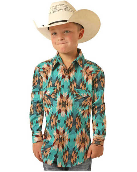 Panhandle Boys' Southwestern Geo Print Long Sleeve Western Shirt, Turquoise, hi-res