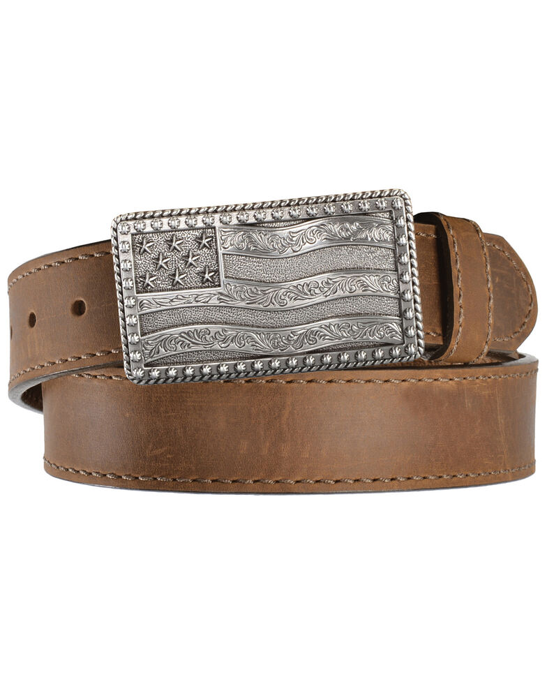 Justin Men's Flying High Flag Buckle Leather Belt, Brown, hi-res