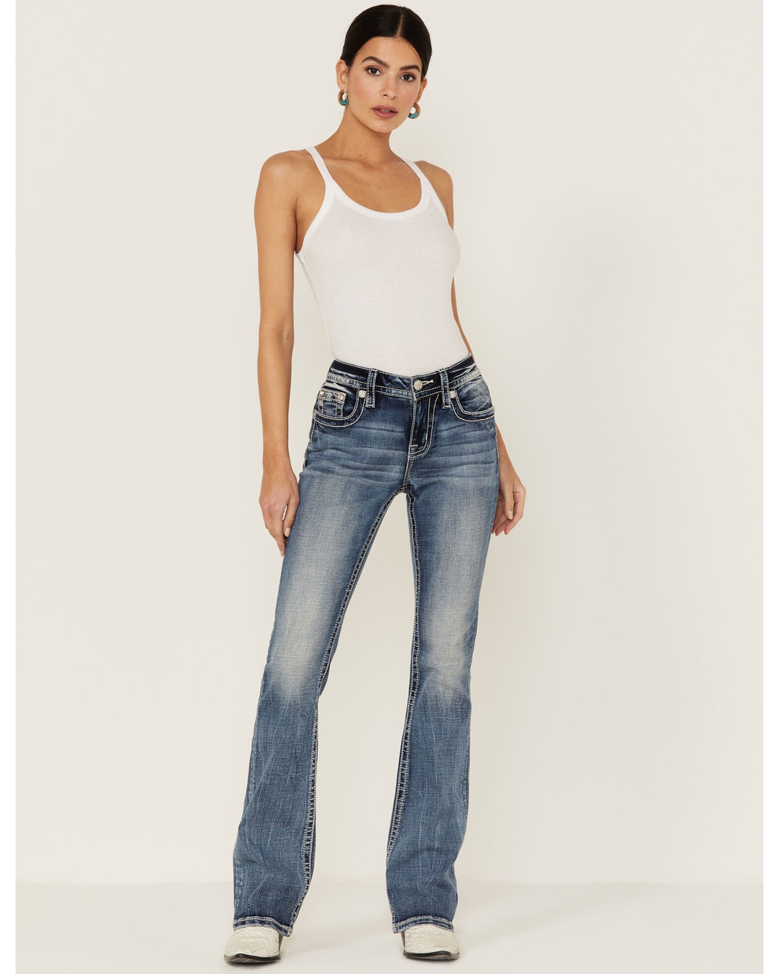 Miss Me Women's Pieced Denim Horseshoe Embroidered Bootcut Jeans