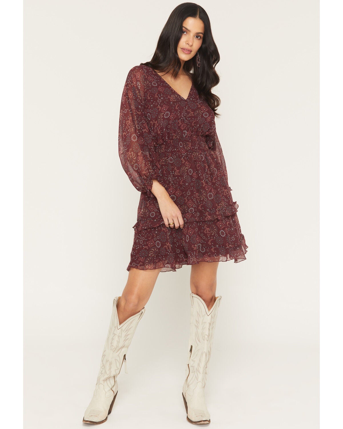 Image #1 - Shyanne Women's Glenwood Floral Print Long Sleeve Chiffon Mini Dress, Brick Red, hi-res