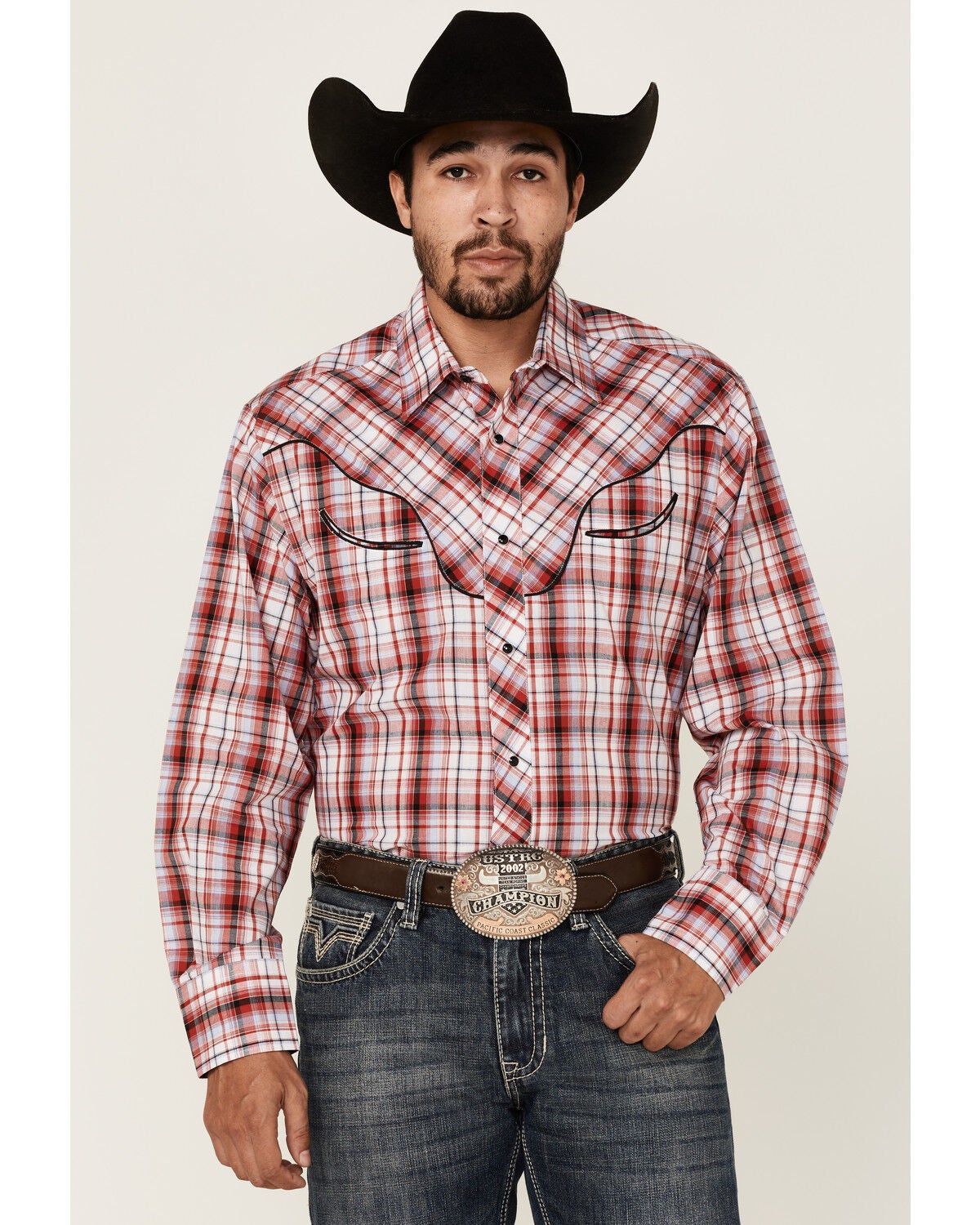 Roper Men's Plaid Print Embroidered Applique Long Sleeve Snap Western Shirt, Red, hi-res