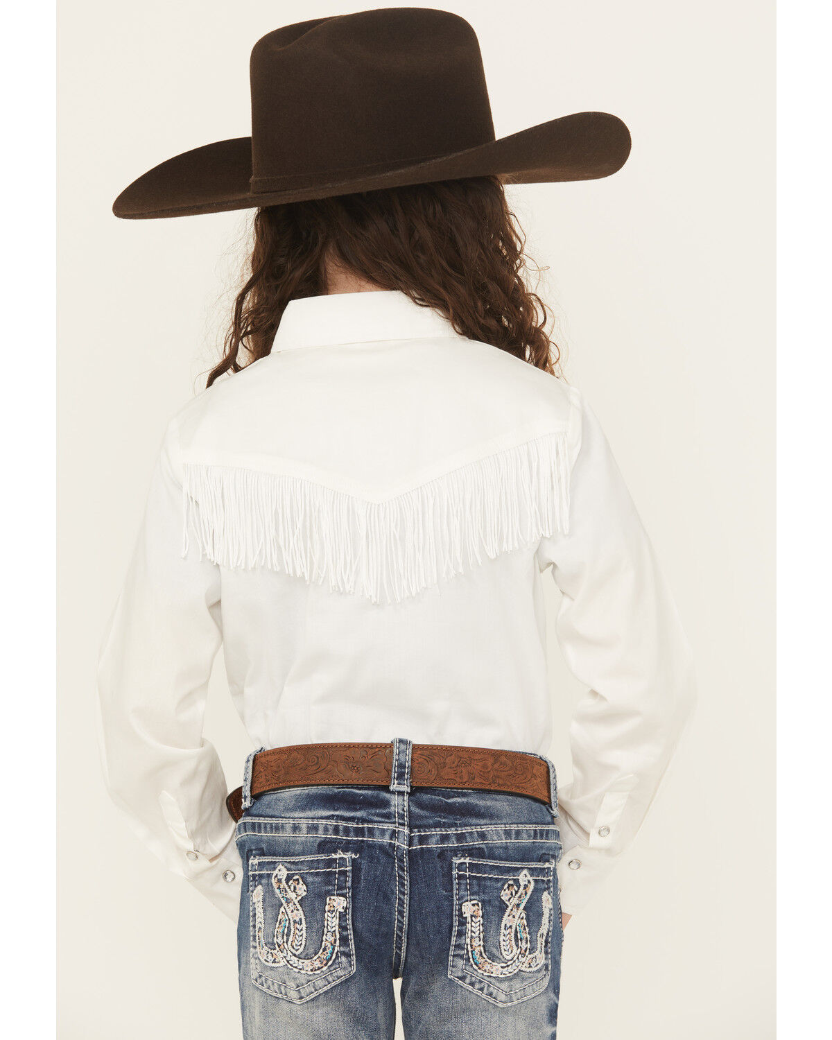 Image #4 - Shyanne Girls' Rhinestone Fringe Long Sleeve Snap Stretch Western Shirt, White, hi-res