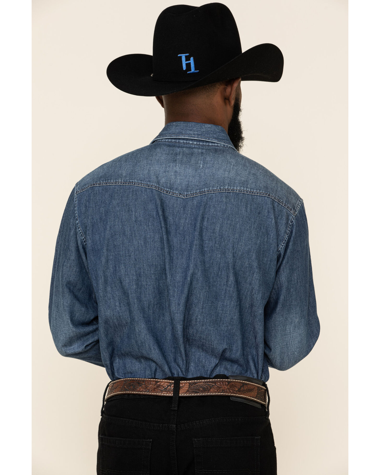 Image #5 - Ariat Men's Retro Stone Washed Denim Long Sleeve Western Shirt, Blue, hi-res