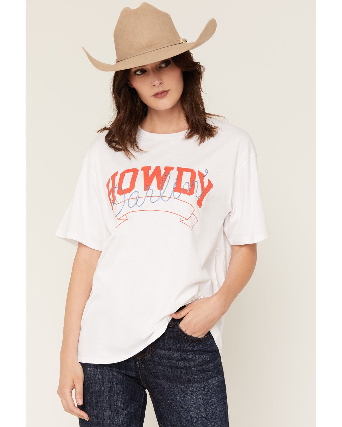 White Crow Women's Howdy Darlin' Embroidered Short Sleeve Graphic Tee, White, hi-res