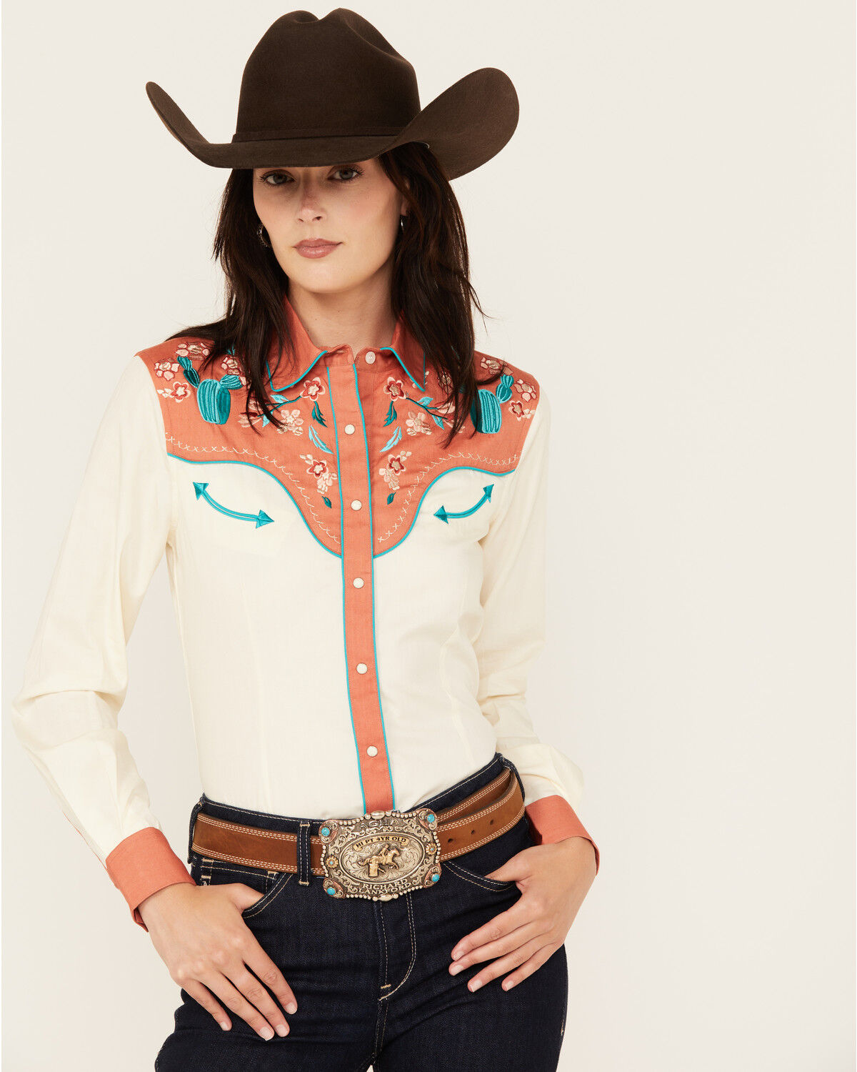 Image #1 - Panhandle Women's Retro Curved Yoke Long Snap Western Shirt, Cream, hi-res