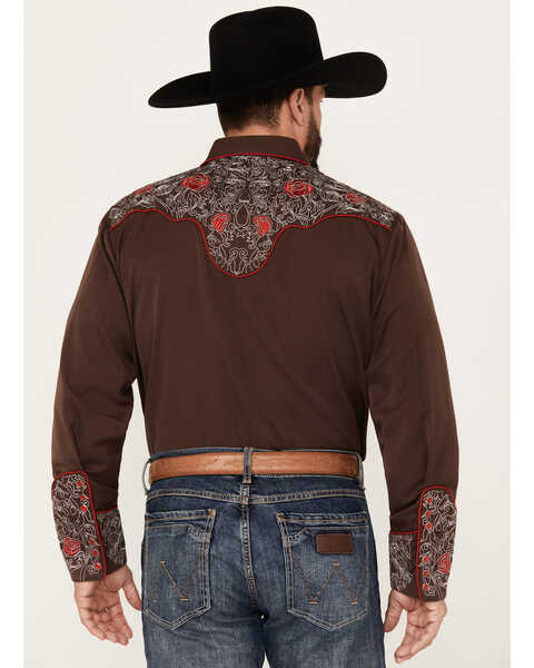 Image #4 - Scully Men's Rose Embroidered Long Sleeve Pearl Snap Western Shirt, Chocolate, hi-res