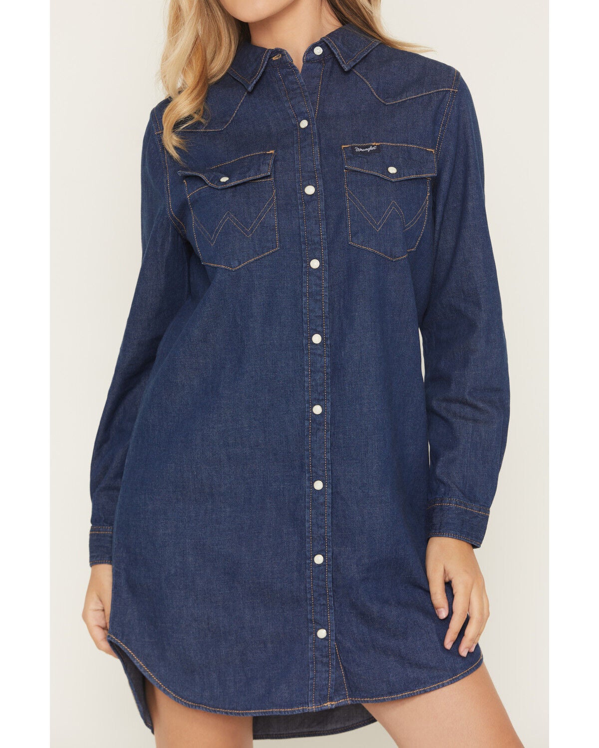 Image #3 - Wrangler Women's Dark Wash Long Sleeve Western Denim Mini Shirt Dress, Dark Wash, hi-res