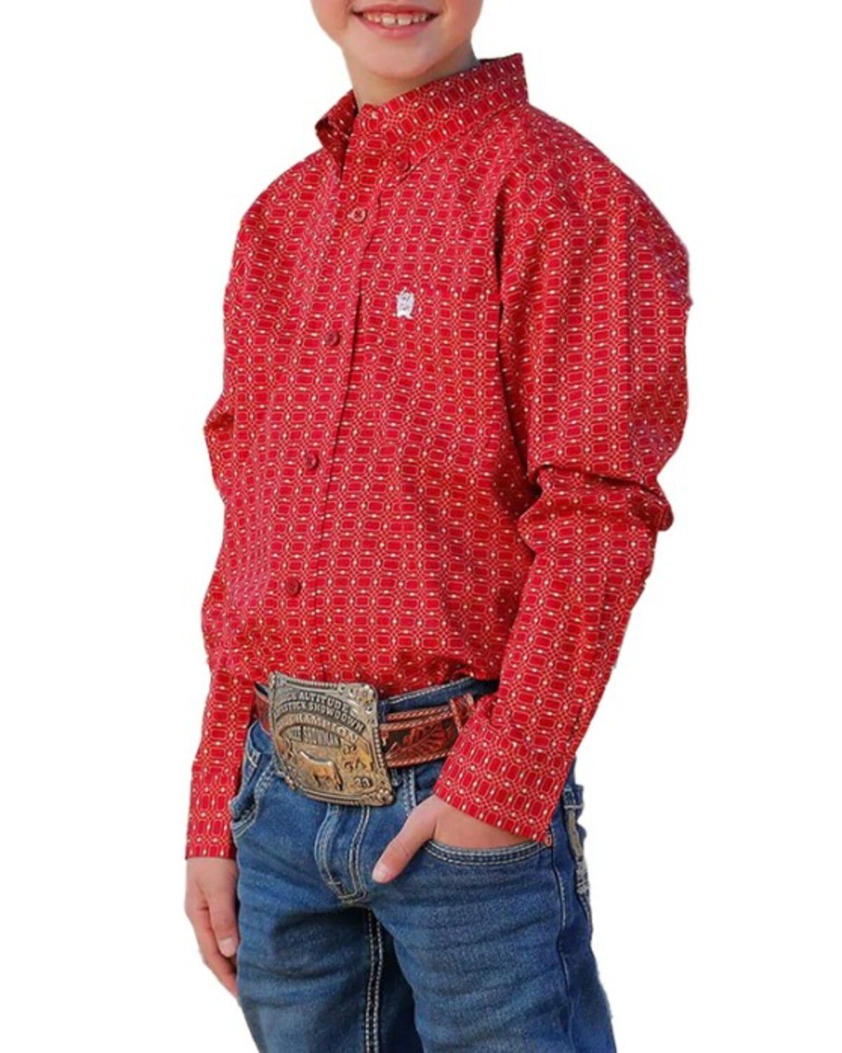 Image #1 - Cinch Boys' Cowboy Logo Long Sleeve Graphic T-Shirt, Red, hi-res