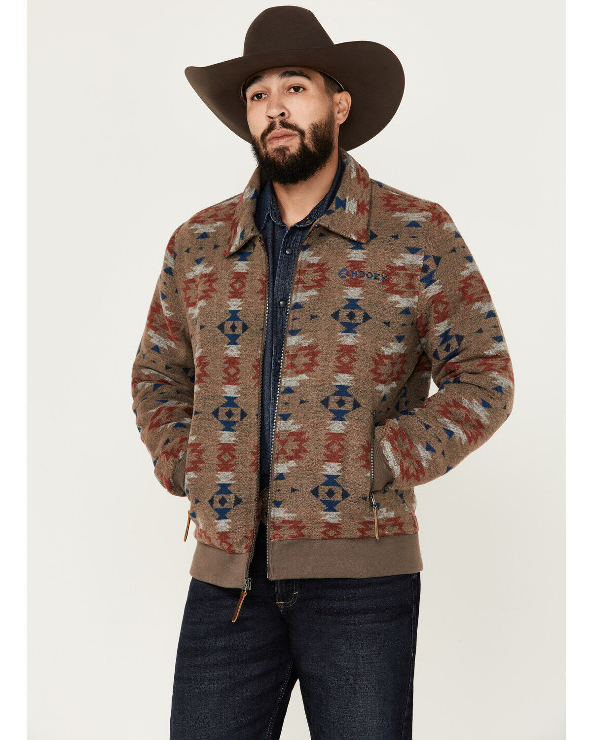 Image #1 - Hooey Men's Southwestern Print Bomber Jacket, Red, hi-res