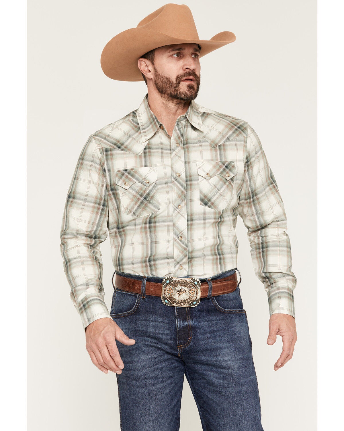 Image #1 - Wrangler Retro Men's Plaid Print Long Sleeve Snap Western Shirt, Cream, hi-res