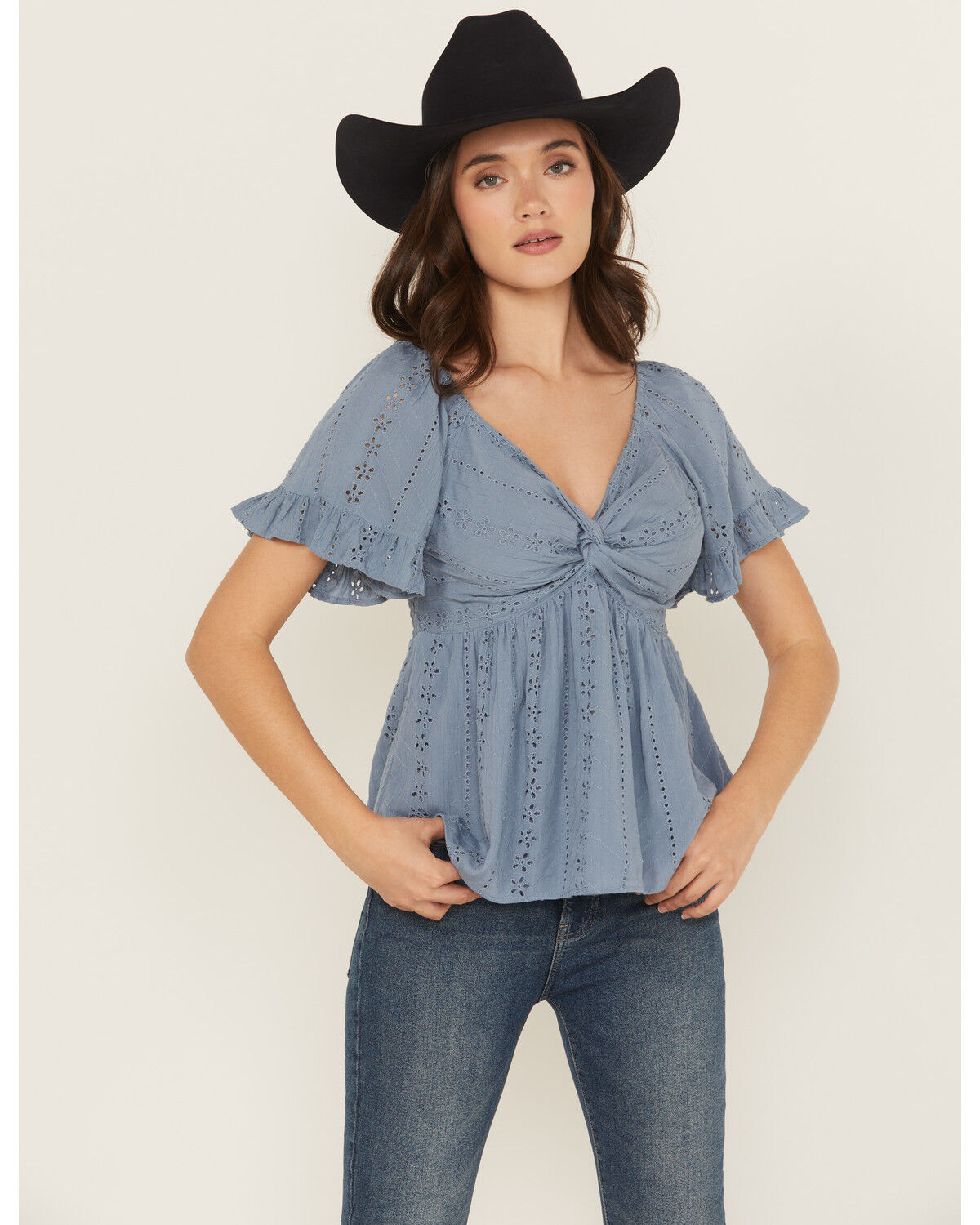Image #1 - Angie Women's Eyelet Short Puff Sleeve Shirt, Blue, hi-res