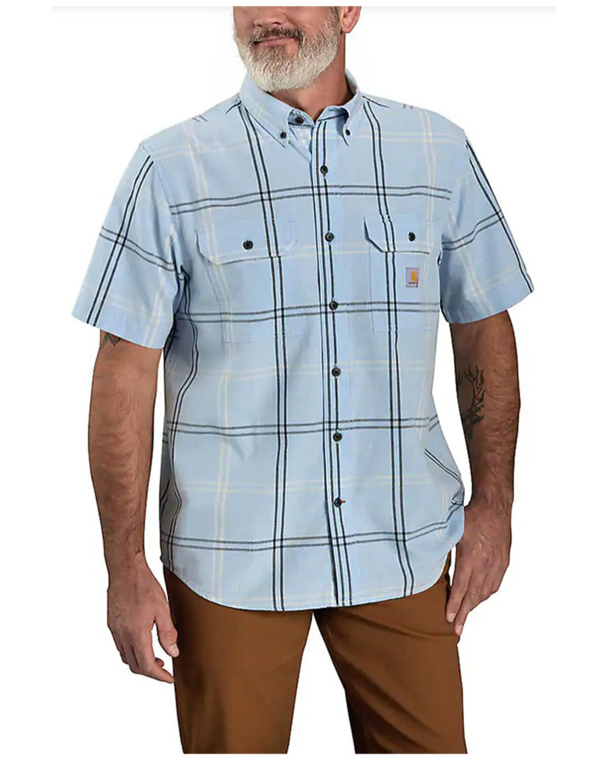 Image #1 - Carhartt Men's Loose Fit Midweight Plaid Print Short Sleeve Button-Down Shirt, Light Blue, hi-res