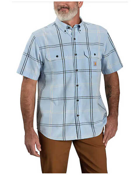 Image #1 - Carhartt Men's Loose Fit Midweight Plaid Print Short Sleeve Button-Down Shirt , Light Blue, hi-res