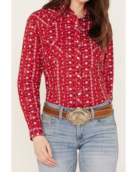 Image #3 - Rough Stock by Panhandle Women's Southwestern Print Long Sleeve Stretch Pearl Snap Western Shirt, Red, hi-res