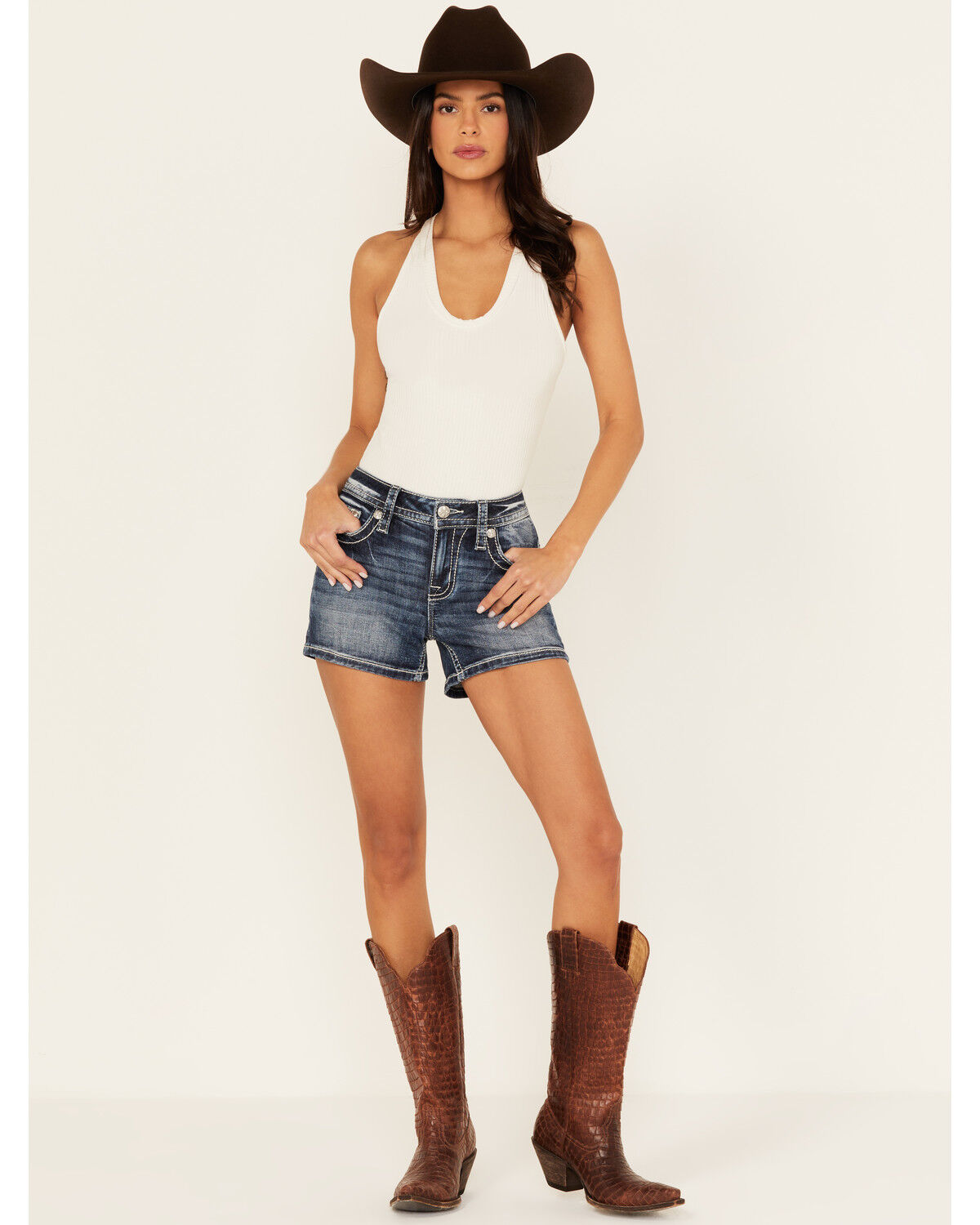 Image #3 - Miss Me Women's Dark Wash Mid Rise Floral Wing Stretch Denim Shorts, , hi-res