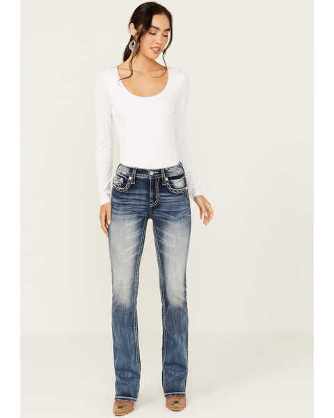 Image #3 - Miss Me Women's Medium Wash Mid Rise Wing Pocket Bootcut Stretch Denim Jeans , Medium Wash, hi-res