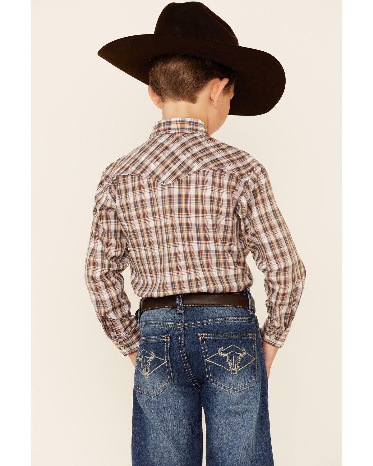 Image #4 - Roper Boys' Plaid Long Sleeve Pearl Snap Western Shirt, Brown, hi-res