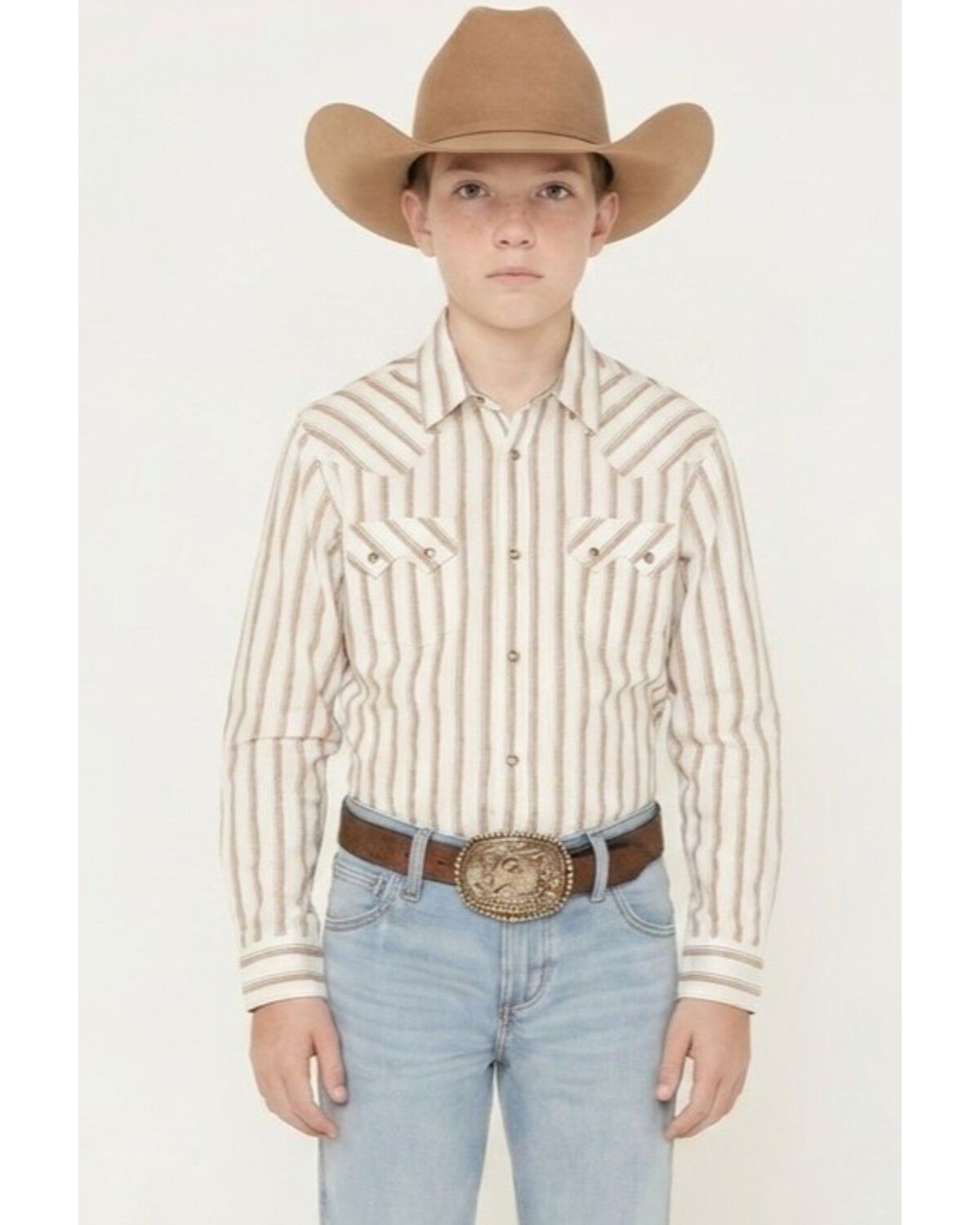 Cody James Boys' Trigger Striped Print Long Sleeve Snap Western Shirt, Cream, hi-res
