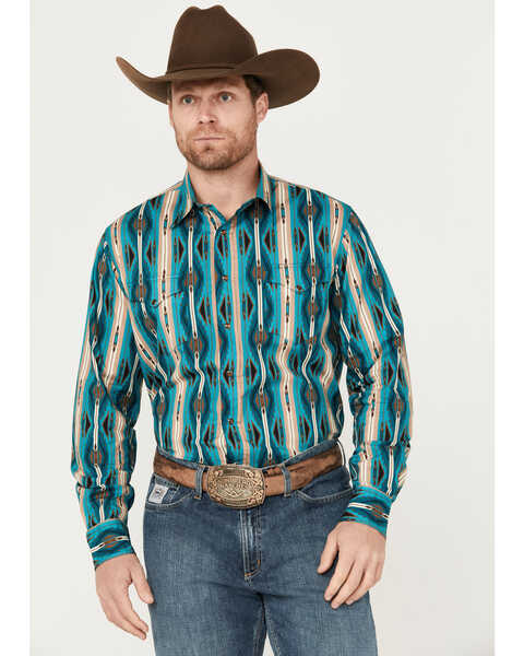 Roper Men's Vintage Southwestern Print Long Sleeve Western Snap Shirt, Turquoise, hi-res