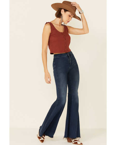 Image #2 - Eyeshadow Women's Ribbed Button Down Crop Tank Top , Rust Copper, hi-res