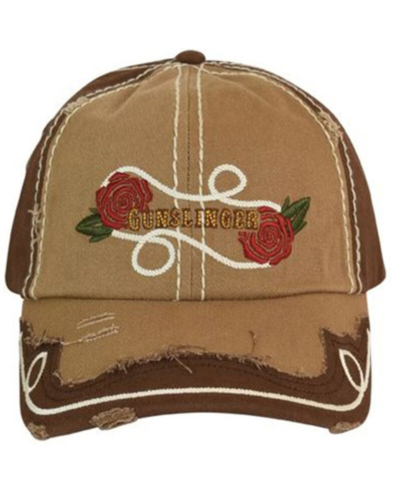 Catchfly Women's Brown Gunslinger Ponytail Embroidered Distressed Ball Cap , Brown, hi-res