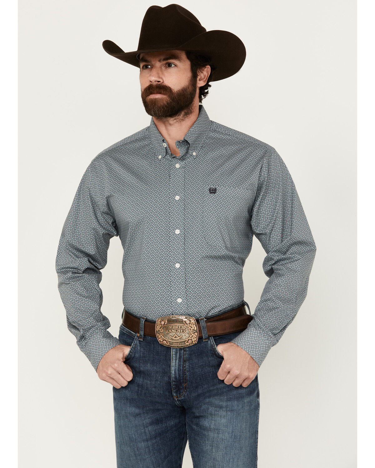 Image #1 - Cinch Men's Geo Print Long Sleeve Button-Down Stretch Western Shirt, Teal, hi-res