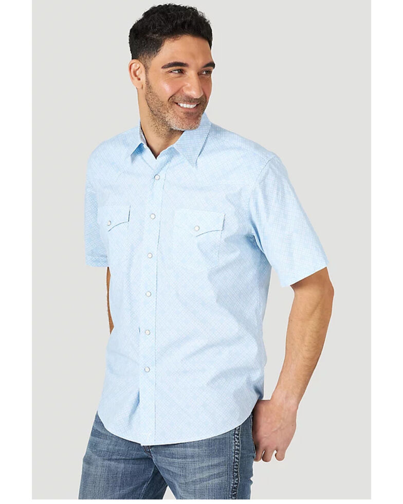 Wrangler 20X Men's AC Chambray Geo Print Short Sleeve Snap Western Shirt , Blue, hi-res