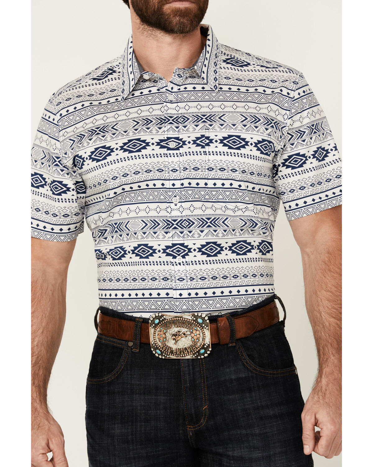 Image #3 - Cody James Men's Apache Trail Southwestern Striped Short Sleeve Button-Down Stretch Western Shirt, Navy, hi-res