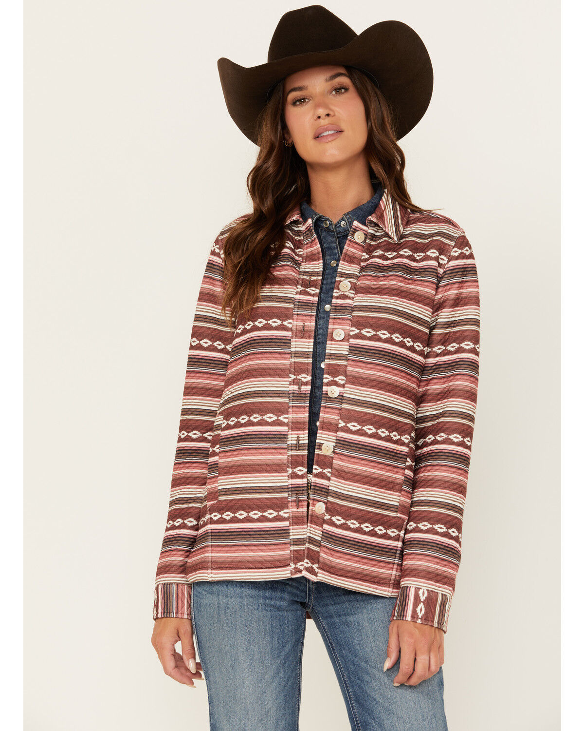 Image #1 - Shyanne Women's Southwestern Print Zig Zag Quilted Shacket, Dark Red, hi-res