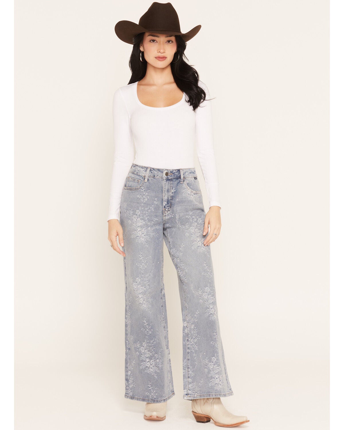 Cello Women's Light Wash High Rise Jacquard Rhinestone Embellished Wide Leg Stretch Denim Jeans, Light Wash, hi-res