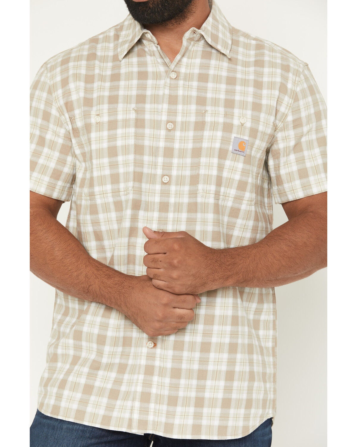 Image #3 - Carhartt Men's Bozeman Rugged Flex&reg; Relaxed Fit Plaid Print Short Sleeve Button-Down Work Shirt, Stone, hi-res