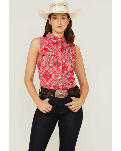 Wrangler Women's Americana Paisley Print Sleeveless Snap Western Shirt, Red/white/blue, hi-res