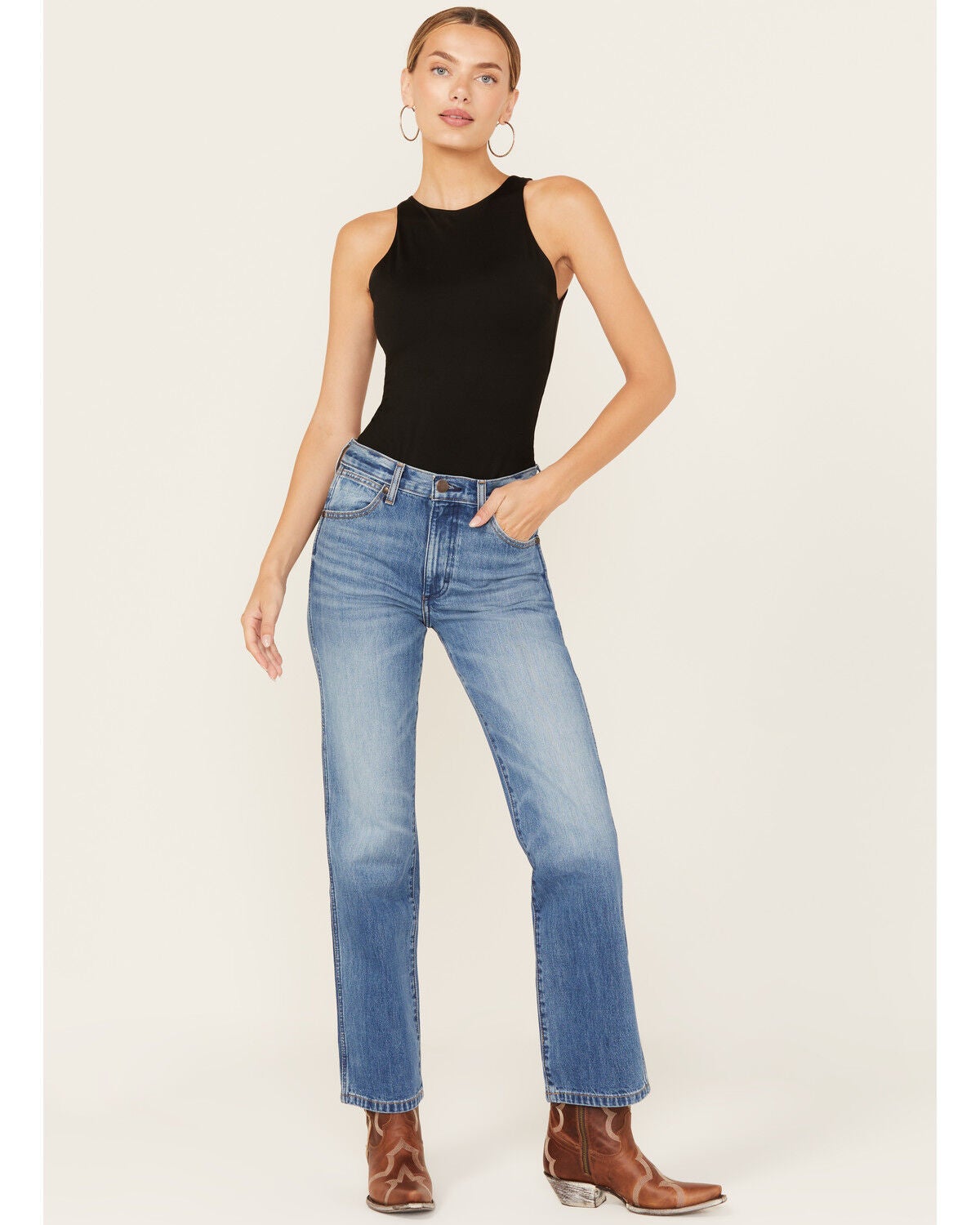 Wrangler Women's Medium Wash Bandit Wrancher Mid Rise Bootcut Denim Jeans, Medium Wash, hi-res