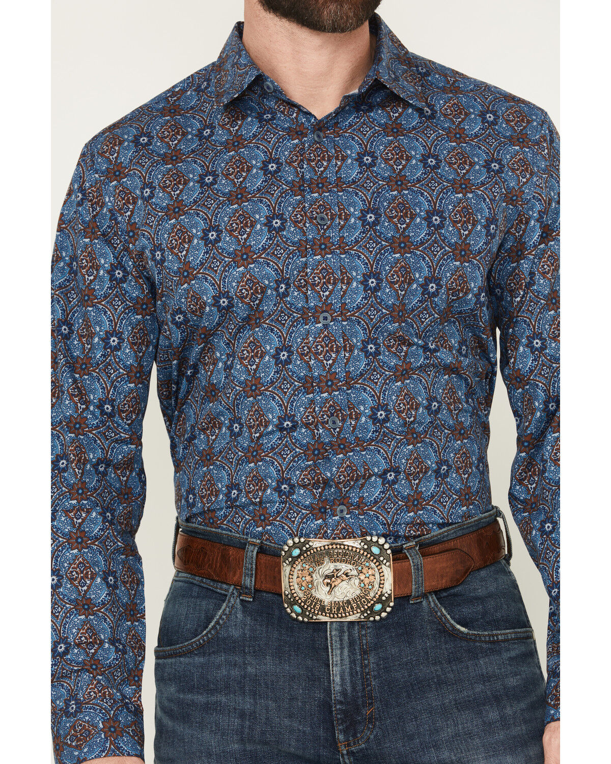 Image #3 - Gibson Trading Co Men's City Limits Medallion Print Long Sleeve Button-Down Stretch Western Shirt, Blue, hi-res